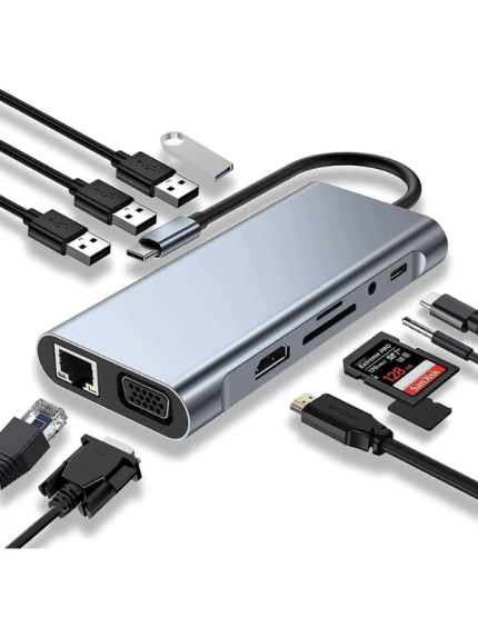 TYPE-C TO HDTV 11 IN 1, USB C Hub Adapter with HDMI, VGA, 4 USB, Type C, SD/TF Reader, LAN, AUX